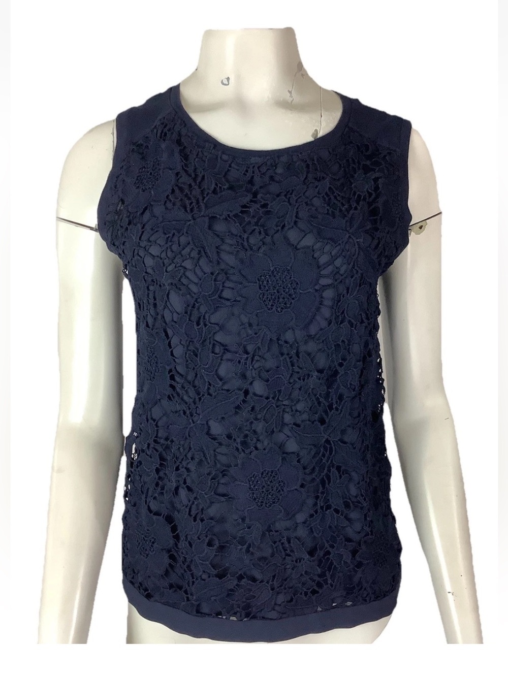 Loft Sz S Sleeveless Lace Front Business Office Interview Blouse Blue Top